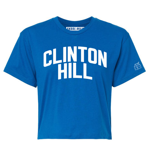 Blue Clinton Hill Crop with White Reflective Letters