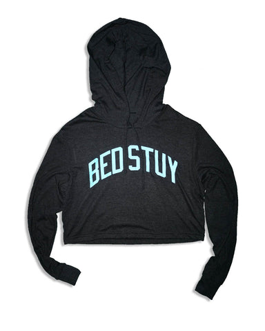 BedStuy Crop-Top Hoodie - Grey w/ Blue Reflective Letters
