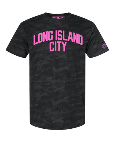 Black Camo Long Island City Queens T-shirt with Neon Pink Reflective Letters