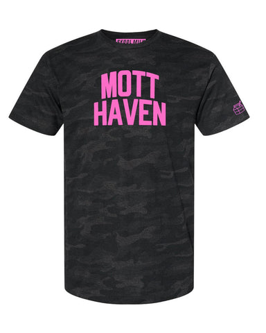 Black Camo Mott Haven Bronx T-shirt with Neon Pink Reflective Letters