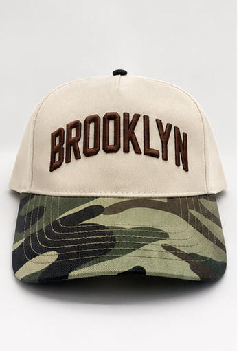 Natural and Camo Brooklyn Five Panel Hat