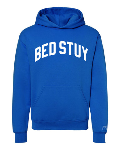 Blue Bed Stuy Hoodie with White Reflective Letters