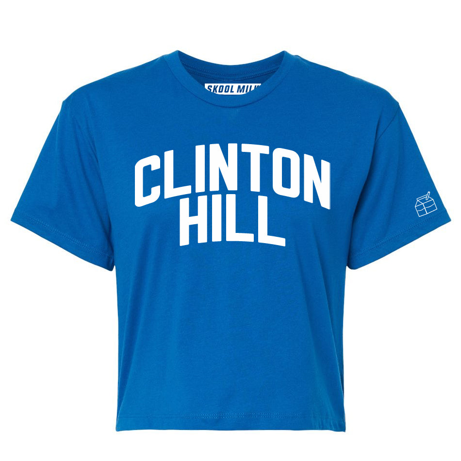 Blue Clinton Hill Crop with White Reflective Letters