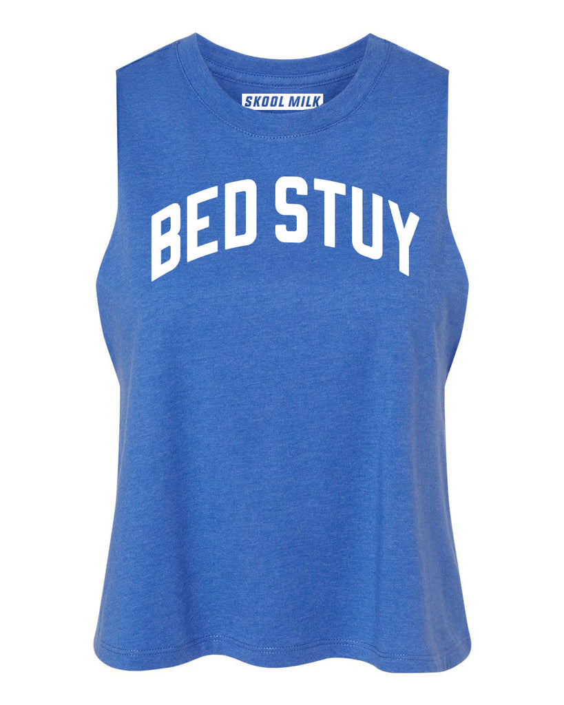 Heather Blue Bed Stuy Racerback with White Reflective Letters