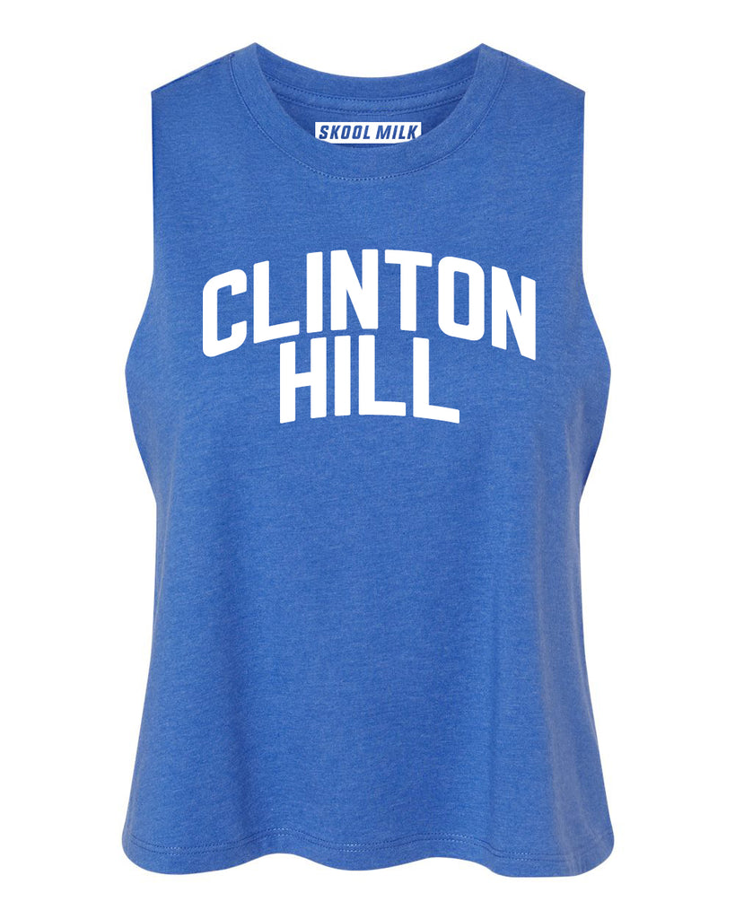 Heather Blue Clinton Hill Racerback with White Reflective Letters