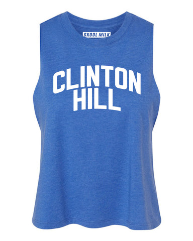 Heather Blue Clinton Hill Racerback with White Reflective Letters