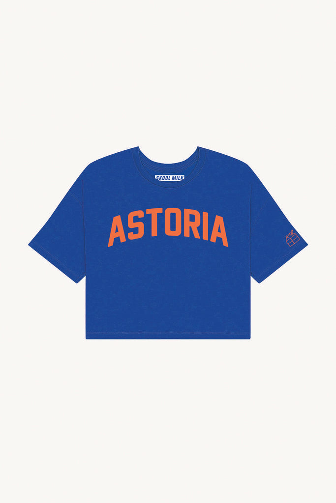 Blue Astoria Crop with Orange Reflective Letters