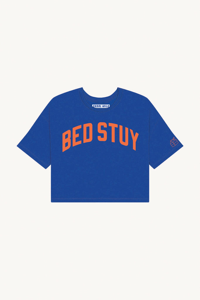 Blue Bed Stuy Crop with Orange Reflective Letters