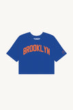 Blue Brooklyn Crop with Orange Reflective Letters