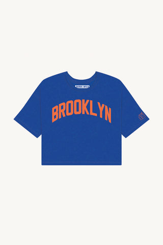 Blue Brooklyn Crop with Orange Reflective Letters