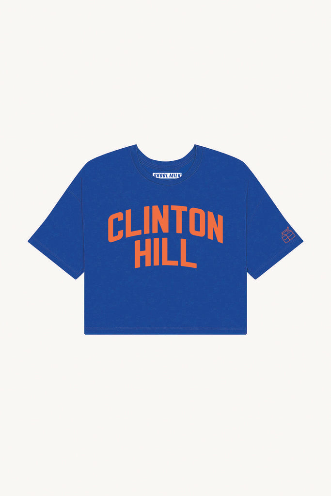 Blue Clinton Hill Crop with Orange Reflective Letters