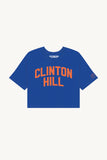 Blue Clinton Hill Crop with Orange Reflective Letters