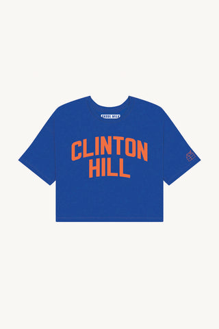 Blue Clinton Hill Crop with Orange Reflective Letters