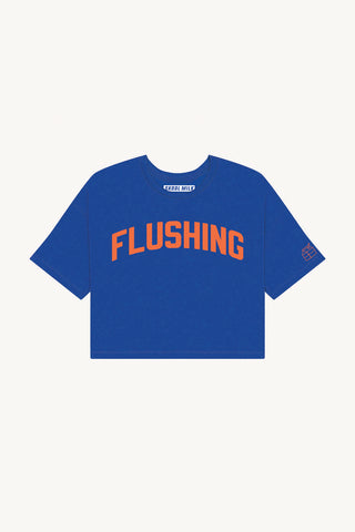 Blue Flushing Crop with Orange Reflective Letters