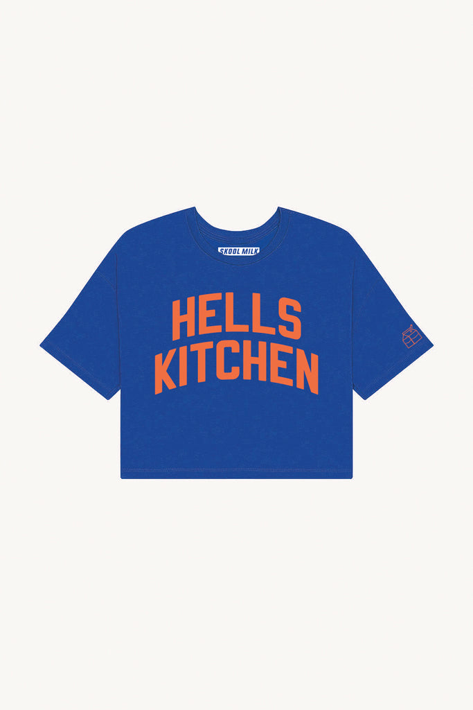 Blue Hells Kitchen Crop with Orange Reflective Letters