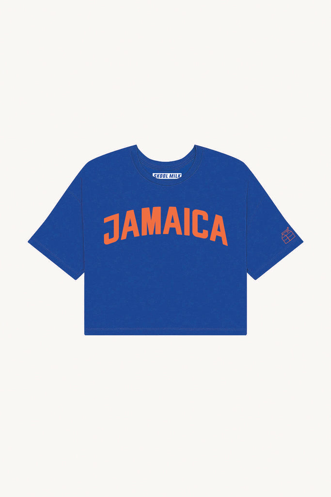 Blue Jamaica Crop with Orange Reflective Letters