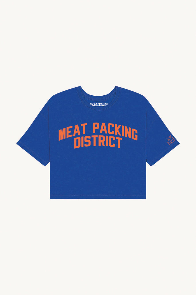 Blue Meat Packing District Crop with Orange Reflective Letters