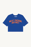 Blue Meat Packing District Crop with Orange Reflective Letters