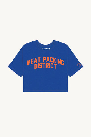 Blue Meat Packing District Crop with Orange Reflective Letters