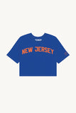 Blue New Jersey Crop with Orange Reflective Letters