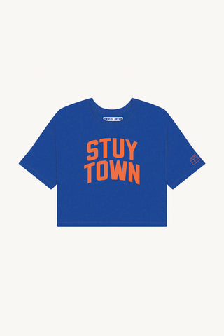 Blue Stuy Town Crop with Orange Reflective Letters