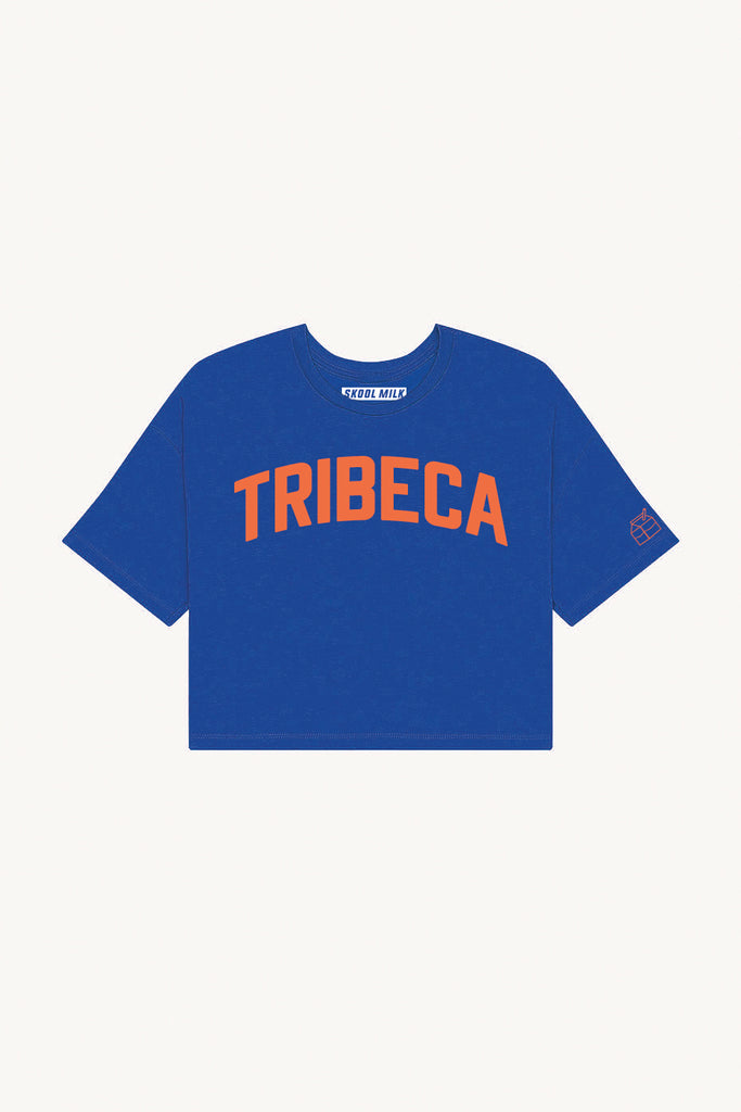Blue Tribeca Crop with Orange Reflective Letters