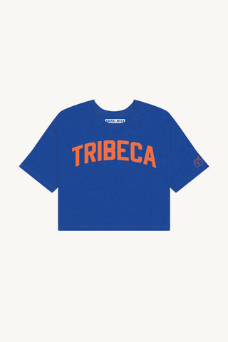 Blue Tribeca Crop with Orange Reflective Letters
