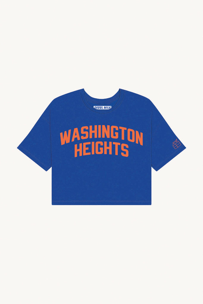 Blue Washington Heights Crop with Orange Reflective Letters