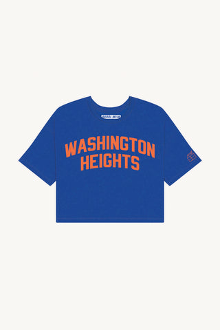 Blue Washington Heights Crop with Orange Reflective Letters
