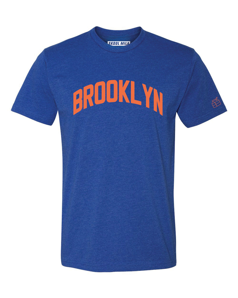 Blue Brooklyn T-Shirt with Orange Reflective Letters