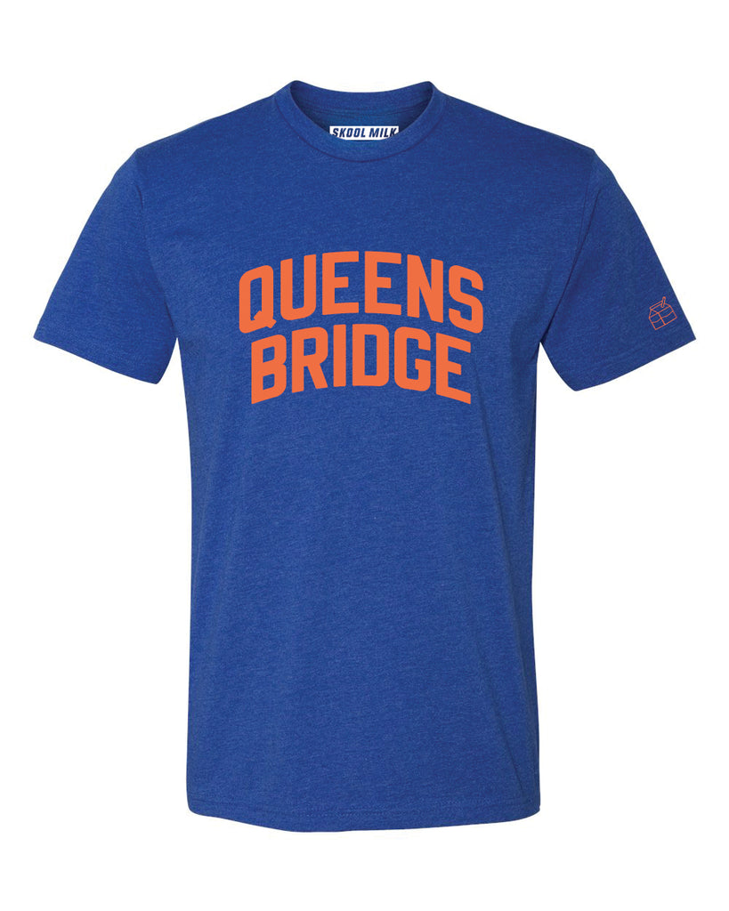 Blue QueensBridge T-Shirt with Orange Reflective Letters