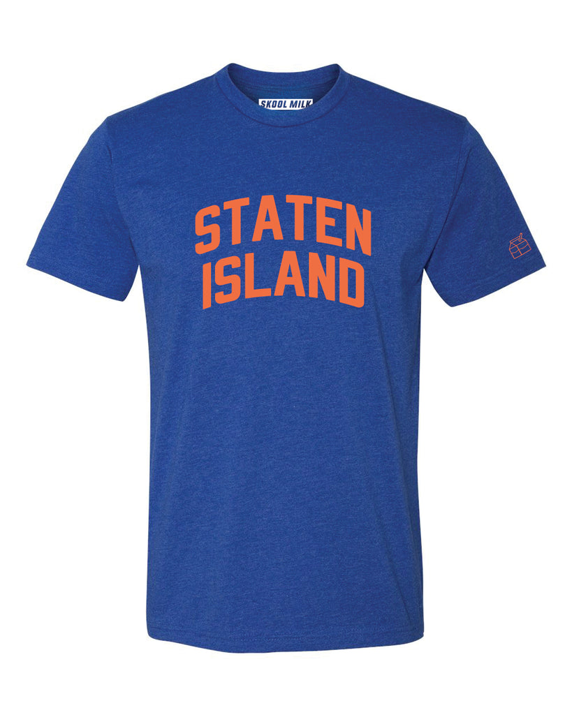 Blue Staten Island T-Shirt with Orange Reflective Letters