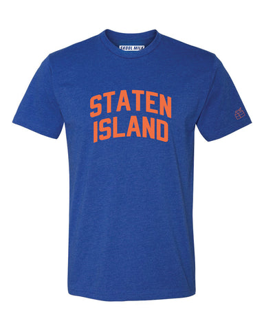 Blue Staten Island T-Shirt with Orange Reflective Letters