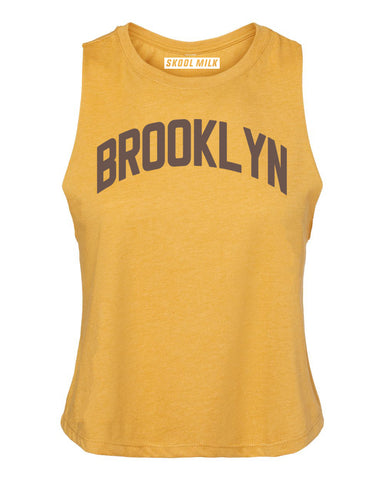 Mustard Brooklyn Racerback with Brown Reflective Letters