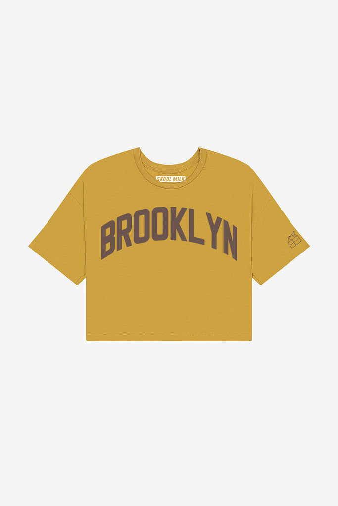 Mustard Brooklyn Crop with Brown Reflective Letters
