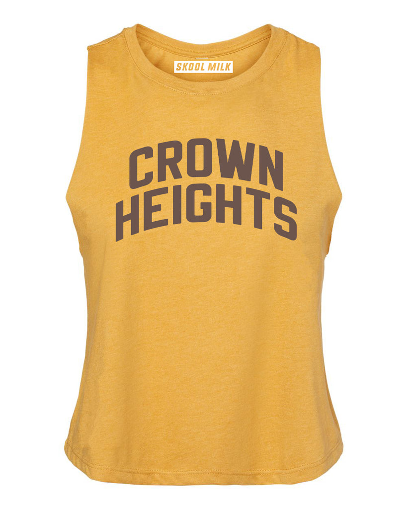 Mustard Crown Heights Racerback with Brown Reflective Letters