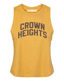 Mustard Crown Heights Racerback with Brown Reflective Letters