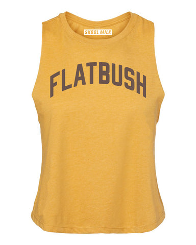 Mustard Flatbush Racerback with Brown Reflective Letters
