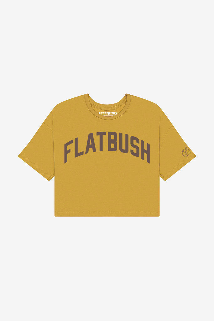 Mustard Flatbush Crop with Brown Reflective Letters