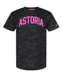 Black Camo Astoria Queens T-shirt With Neon Pink Reflective Letters