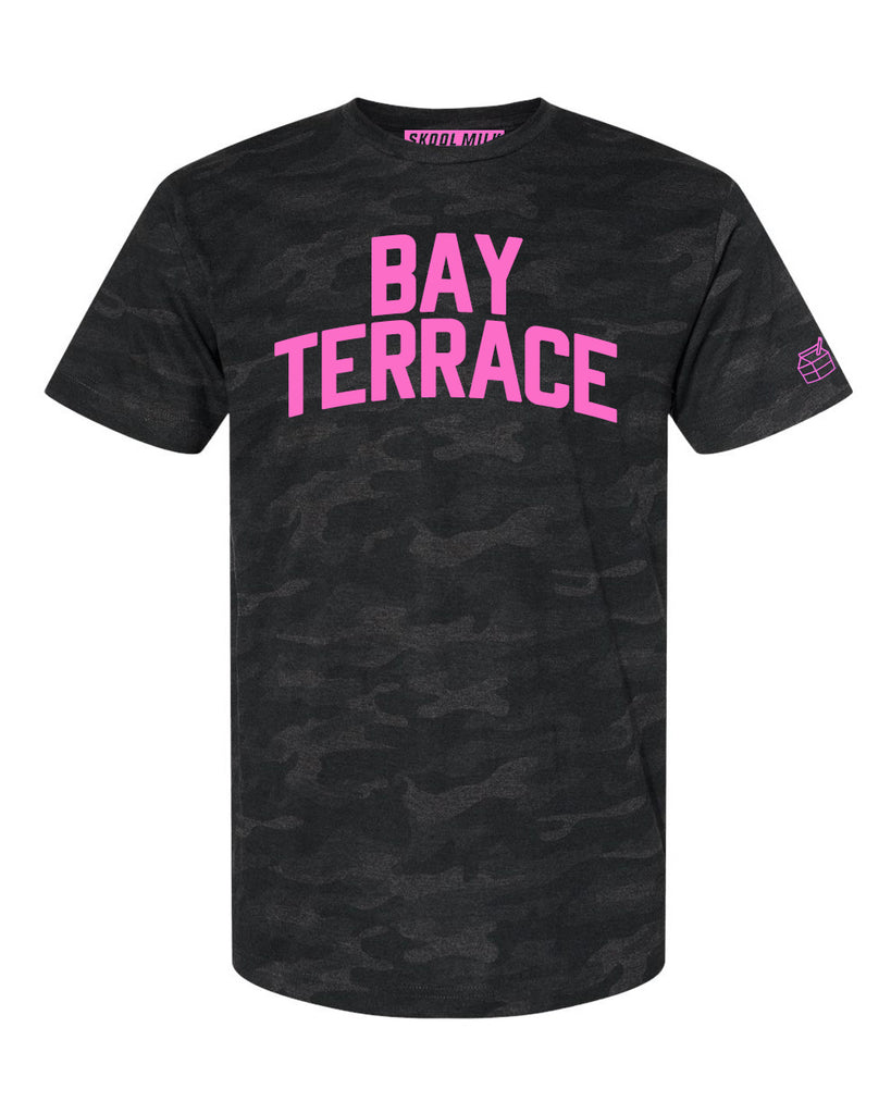 Black Camo Bay Terrace Queens T-shirt with Neon Pink Reflective Letters