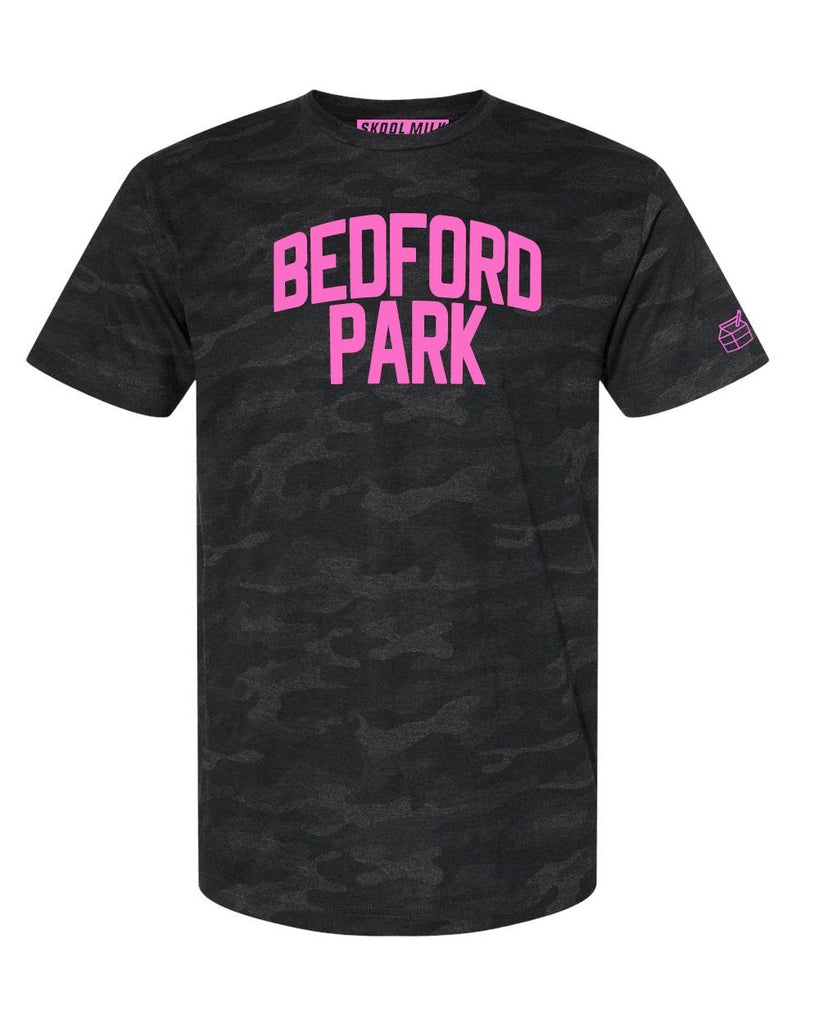 Black Camo Bedford Park Bronx T-shirt with Neon Pink Reflective Letters