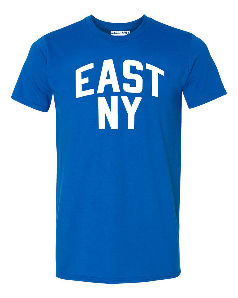 Blue East New York Brooklyn T-shirt with White Reflective Letters
