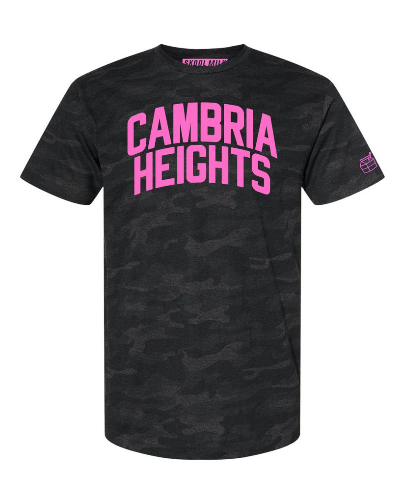 Black Camo Cambria Heights Queens T-shirt with Neon Pink Reflective Letters