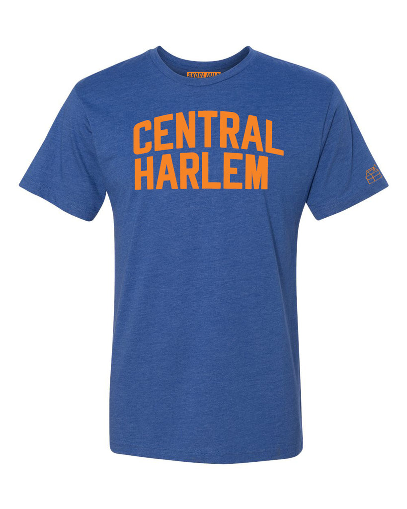 Blue Central Harlem T-shirt with Knicks Orange Letters
