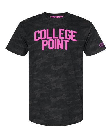 Black Camo College Point Queens T-shirt with Neon Pink Reflective Letters