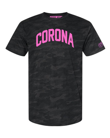 Black Camo Corona Queens T-shirt with Neon Pink Reflective Letters