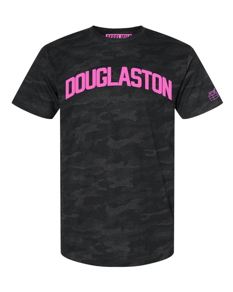 Black Camo Douglaston Queens T-shirt with Neon Pink Reflective Letters