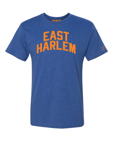 Blue East Harlem T-shirt with Knicks Orange Letters