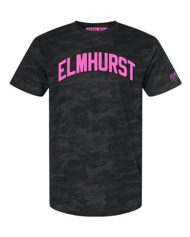 Black Camo Elmhurst Queens T-shirt with Neon Pink Reflective Letters